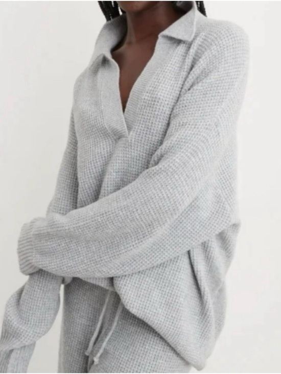 aerie Sweaters - Aerie Cozyup Waffle Knit Polo Sweater Gray Size L